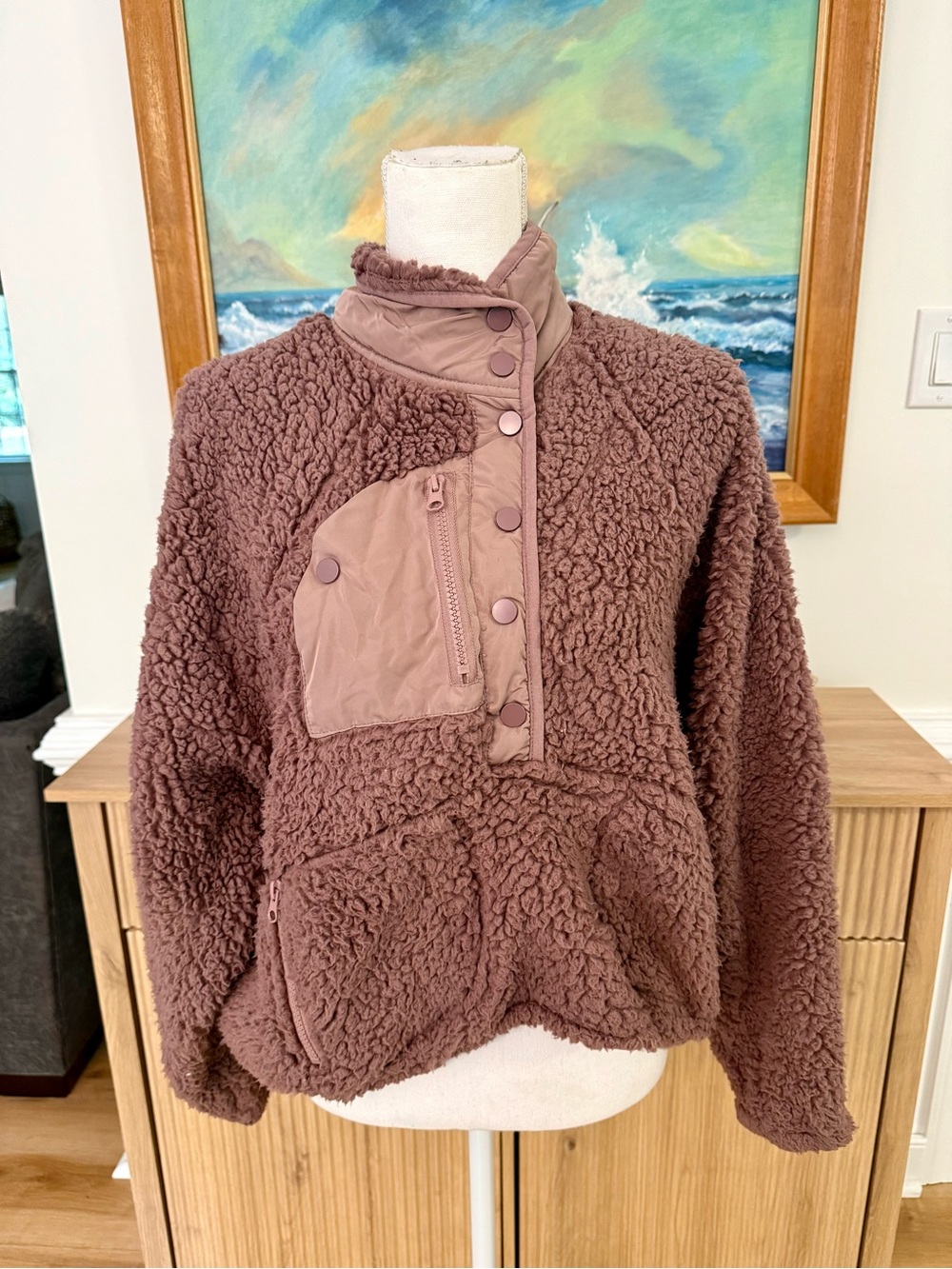 Cozy Women's Sherpa Pullover Jacket - Dusty Mauve